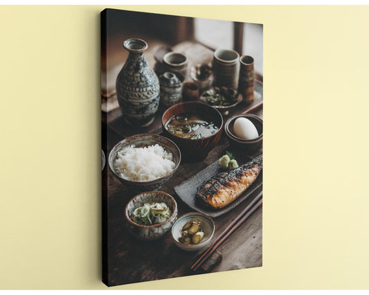 a traditional Japanese meal set on a wooden table, featuring various dishes such as rice, soup, and grilled fish.