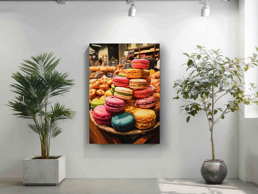 a large, colorful display of various pastries, including macarons, in a bakery setting. The pastries are arranged in an appealing manner, showcasing the bakery's offerings. The display is set against a white wall, with two potted plants placed on either side, adding a touch of greenery to the scene. The overall composition of the image is visually appealing and highlights the bakery's attention to detail and presentation.
