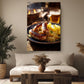 a cozy living room with a large, appetizing plate of sausages and sauerkraut on a wooden table, accompanied by a glass of beer. The room is decorated with potted plants and a wooden coffee table, creating a warm and inviting atmosphere.