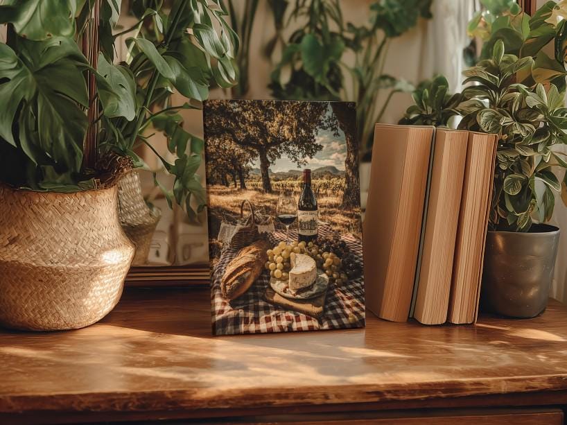 a wooden table with a framed photograph of a picnic scene, including a basket of food, wine bottles, and a book. The table is surrounded by potted plants, creating a cozy and inviting atmosphere.