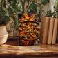 a framed photograph of a paella dish, surrounded by potted plants and books on a wooden surface.