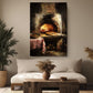 a cozy living room with a large painting of a pizza oven on the wall, a wooden coffee table in the center, and a comfortable couch.