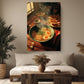 a cozy living room with a large bowl of ramen noodles, a plate of eggs, and a bowl of soup on a wooden table. The room is decorated with potted plants, a vase, and a wooden coffee table.