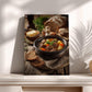 a hearty stew served in a rustic bowl, accompanied by a loaf of bread and a variety of vegetables, all set on a wooden table.