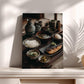 a traditional Japanese meal, featuring a variety of dishes such as rice, soup, and grilled fish, arranged on a wooden table.