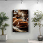 a cozy indoor setting with a wooden table displaying a bowl of food, a loaf of bread, and a potted plant.