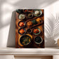 a wooden tray filled with various dishes, including rice, vegetables, and other food items, placed on a white shelf.