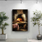 a cozy scene with a brick oven, a table with food, and two potted plants, creating a warm and inviting atmosphere.