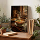 a wooden table with a bowl of soup, a book, and some plants. There is a framed photograph of a bowl of soup on the table.