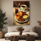 a cozy living room with a large painting of a croissant and coffee on a table, surrounded by potted plants and a wooden coffee table.