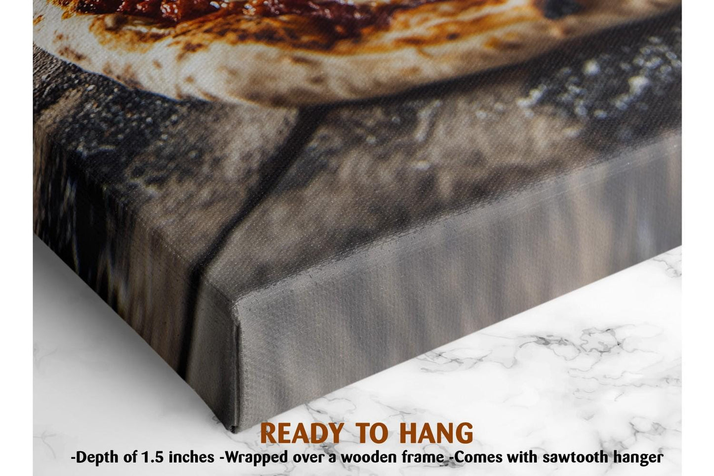 The image is a close-up of a pizza on a wooden surface, with a marble countertop visible in the background.