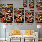 The image is a living room with a white couch and a coffee table. Above the couch, there are six framed prints of the same image, each with a different size and resolution, ranging from 40 x 60 to 24 x 36. The prints are arranged in a grid-like pattern on the wall, creating a visually appealing display.