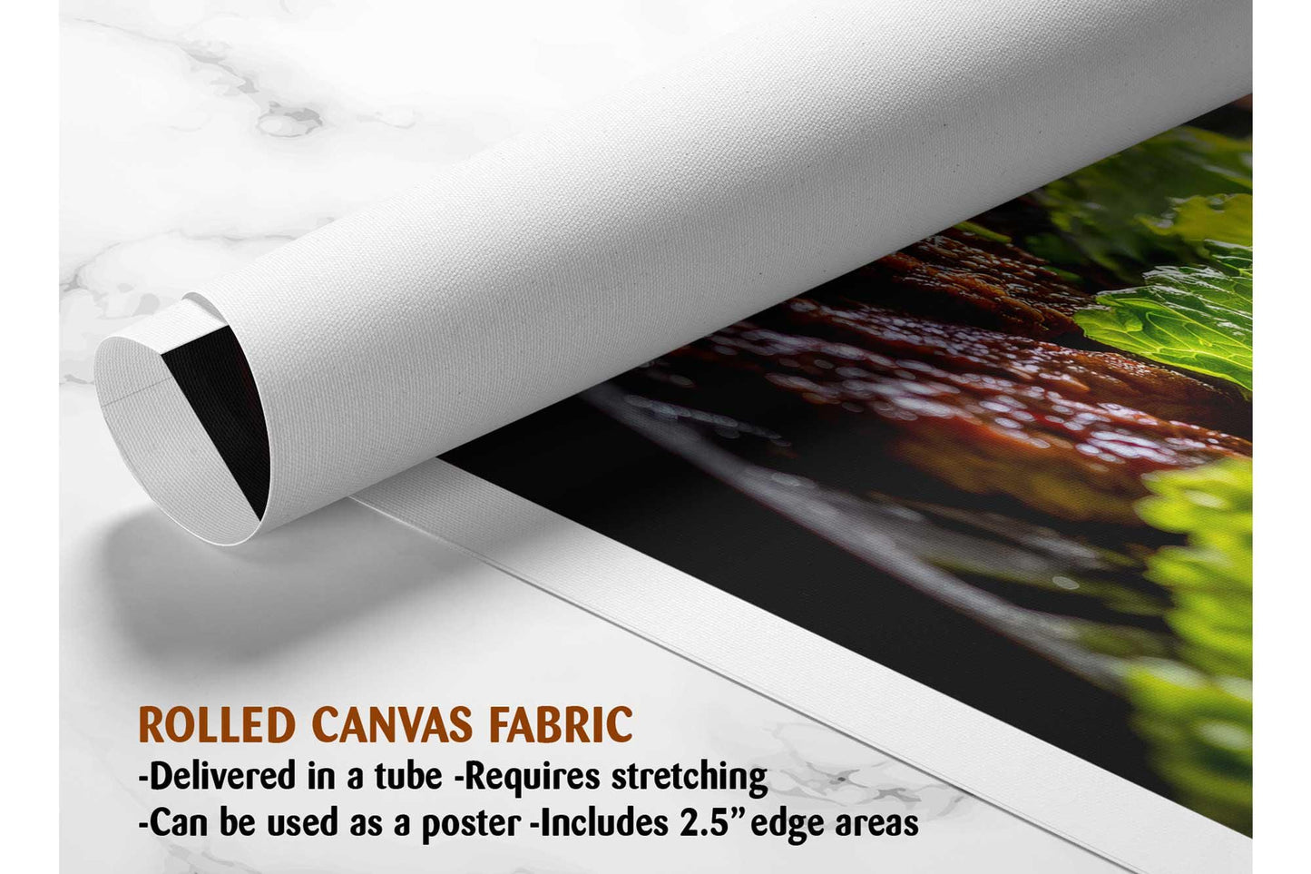 The image is a rolled canvas fabric, which is a type of canvas material used for printing photographs or artwork. It is described as a tube-delivered fabric, which means it is delivered in a tube and requires stretching before use. The fabric can be used as a poster, with a 2.5" edge area.