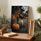 a wooden table with a framed photograph of pumpkins and gourds, surrounded by potted plants and books.