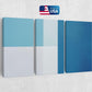 a set of three blue and white panels on a wall
