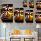 The image is a living room with a white couch and a coffee table. Above the couch, there are six framed images of sausages and potatoes, each with a different size and orientation. The images are arranged in a grid-like pattern, with the largest image at the top and the smallest at the bottom. The images are labeled with their respective sizes, ranging from 40" x 60" to 24" x 36".