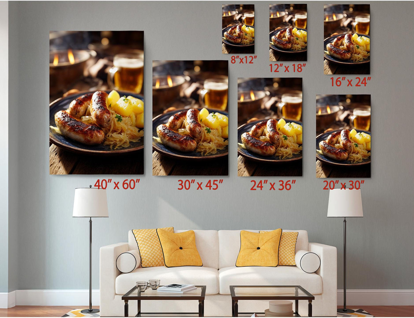 The image is a living room with a white couch and a coffee table. Above the couch, there are six framed images of sausages and potatoes, each with a different size and orientation. The images are arranged in a grid-like pattern, with the largest image at the top and the smallest at the bottom. The images are labeled with their respective sizes, ranging from 40" x 60" to 24" x 36".