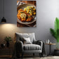 a cozy living room with a comfortable gray armchair, a wooden side table, and a potted plant. Above the armchair, there is a framed photograph of a plate of food, including a piece of meat and a side of vegetables.