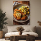a cozy living room with a large, appetizing plate of food on a wooden table, including a piece of fried chicken, a lemon wedge, and a side of potato salad. The room is decorated with potted plants, a vase, and a wooden coffee table, creating a warm and inviting atmosphere.