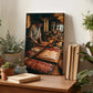 a wooden table with a framed photograph of a chef preparing food, surrounded by potted plants and books.