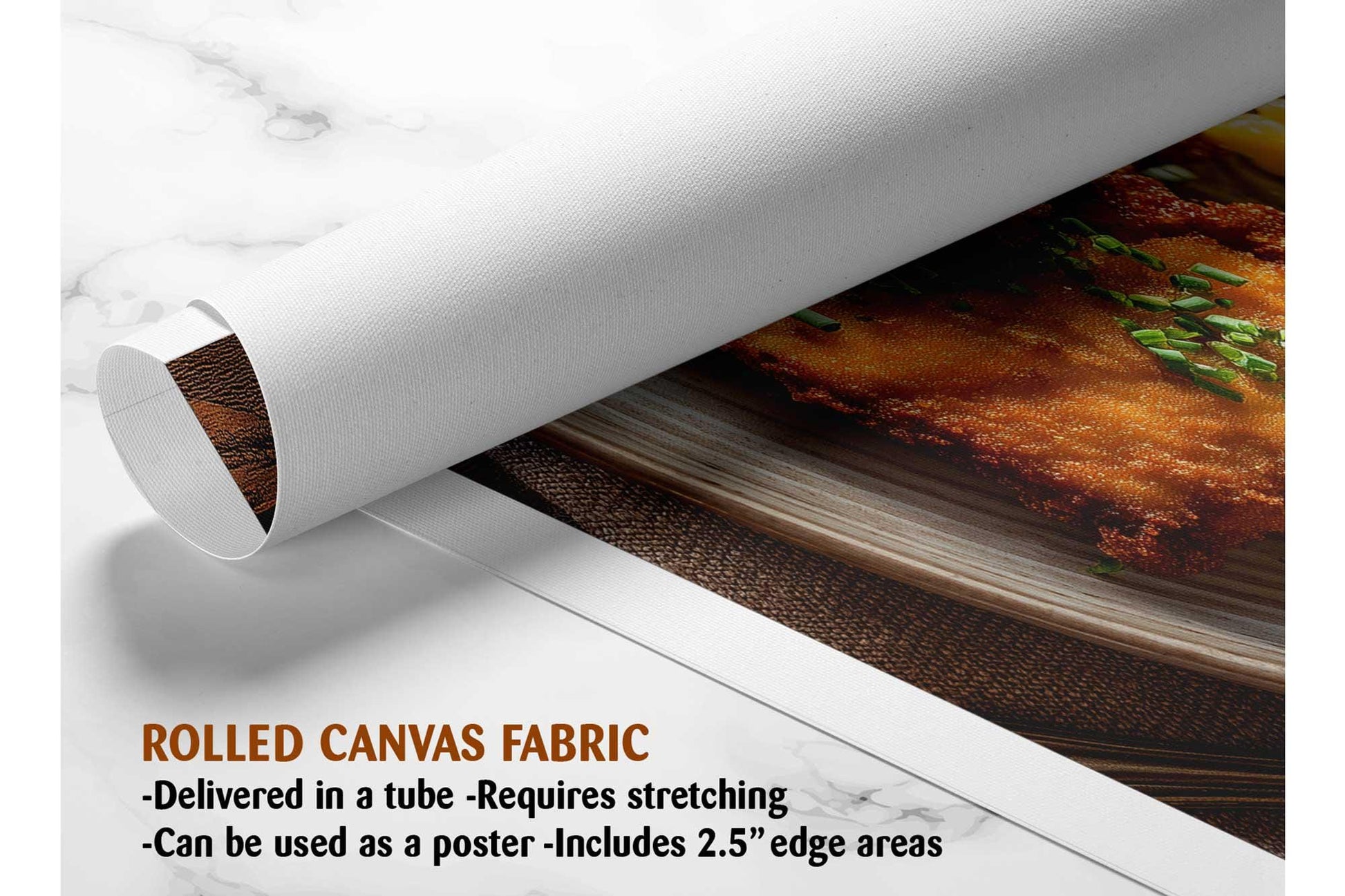 The image is a rolled canvas fabric, which is a type of canvas material used for creating posters or wall art. It is described as a tube-delivered fabric, which means it is delivered in a tube and requires stretching before use. The fabric can be used as a poster and includes a 2.5" edge area.