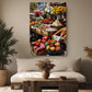 a vibrant fruit and vegetable market stall, with a variety of colorful produce such as apples, oranges, and bananas displayed in baskets and crates. The stall is situated in a cozy living room setting, with a couch and potted plants adding to the warm and inviting atmosphere.