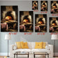 The image is a living room with a white sofa and a coffee table. Above the sofa, there are six framed paintings of a pizza oven, each with a different size and resolution. The paintings are arranged in a grid-like pattern on the wall, creating a visually appealing display.