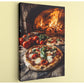 A close-up of a pizza with fresh basil and tomatoes, placed on a wooden table in front of a brick oven with flames burning inside.