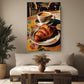 a cozy scene with a croissant on a plate, a cup of coffee, and a vase of dried flowers on a wooden table.