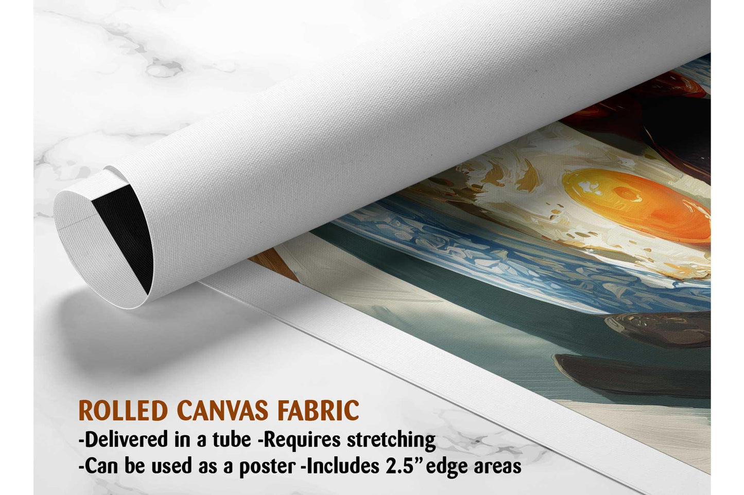 The image is a rolled canvas fabric, which is a type of canvas material used for creating posters or wall art. It is described as a tube-delivered fabric, which means it is delivered in a tube and requires stretching before use. The fabric can be used as a poster and includes a 2.5" edge area.
