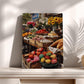 a vibrant fruit and vegetable market stall, with a variety of colorful produce such as apples, oranges, and bananas displayed in wooden crates and baskets. The stall is filled with an abundance of fresh fruits and vegetables, creating a lively and inviting atmosphere.