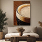 a cozy living room with a large framed photograph of a glass of beer hanging on the wall above a wooden coffee table. The room is decorated with potted plants, a vase, and a rug, creating a warm and inviting atmosphere.