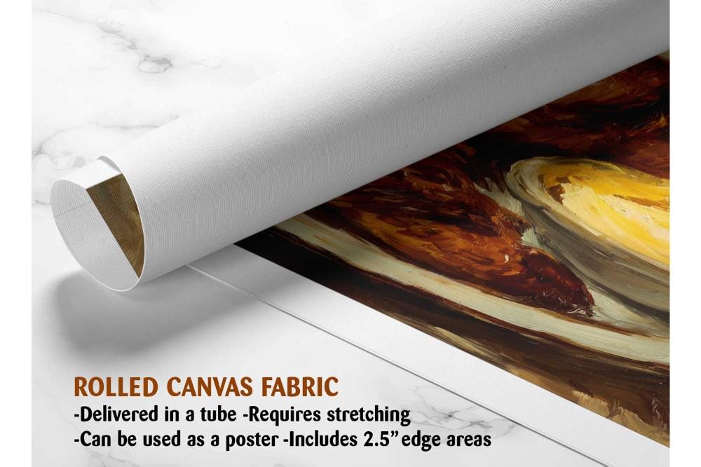 The image is a rolled canvas fabric, which is a type of canvas material used for painting or printing. It is described as a tube-delivered canvas fabric, which means it is delivered in a tube and requires stretching before use. It can be used as a poster with a 2.5" edge area.