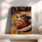 A croissant on a plate and a cup of coffee are displayed on a table, with a vase and a plant in the background.