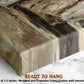 The image is a close-up of a wooden frame with a painting on top of it, and there is a text overlay that reads "READY TO HANG" and "Depth of 1.5 inches - Wrapped over a wooden frame - Comes with sawtooth hanger".