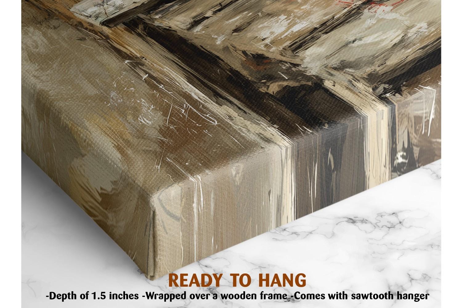 The image is a close-up of a wooden frame with a painting on top of it, and there is a text overlay that reads "READY TO HANG" and "Depth of 1.5 inches - Wrapped over a wooden frame - Comes with sawtooth hanger".