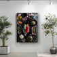 a large, colorful, and visually appealing arrangement of various bowls, plates, and other food items on a wall, with a potted plant to the left and a plant to the right.