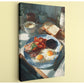 A breakfast scene featuring a plate of eggs, toast, bacon, and tomatoes, along with a cup of coffee and a teapot, all set on a table.