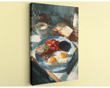 A breakfast scene featuring a plate of eggs, toast, bacon, and tomatoes, along with a cup of coffee and a teapot, all set on a table.
