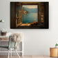 a serene indoor setting with a large painting of a scenic view of a lake and mountains hanging on the wall. The painting is framed in a rustic wooden frame and is the focal point of the room. In front of the painting, there is a desk with a lamp and a basket of flowers, creating a cozy and inviting atmosphere. The room also includes a chair, a small table, and a stack of books, adding to the overall homey feel of the space.
