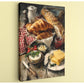 The image is a painting depicting a table with various food items, including croissants, cheese, strawberries, and jam.