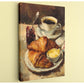 a breakfast scene with a croissant, butter, and jam on a plate, accompanied by a cup of coffee.