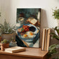 a painting of a breakfast scene with a plate of food, including eggs, toast, and tomatoes, surrounded by potted plants and books.