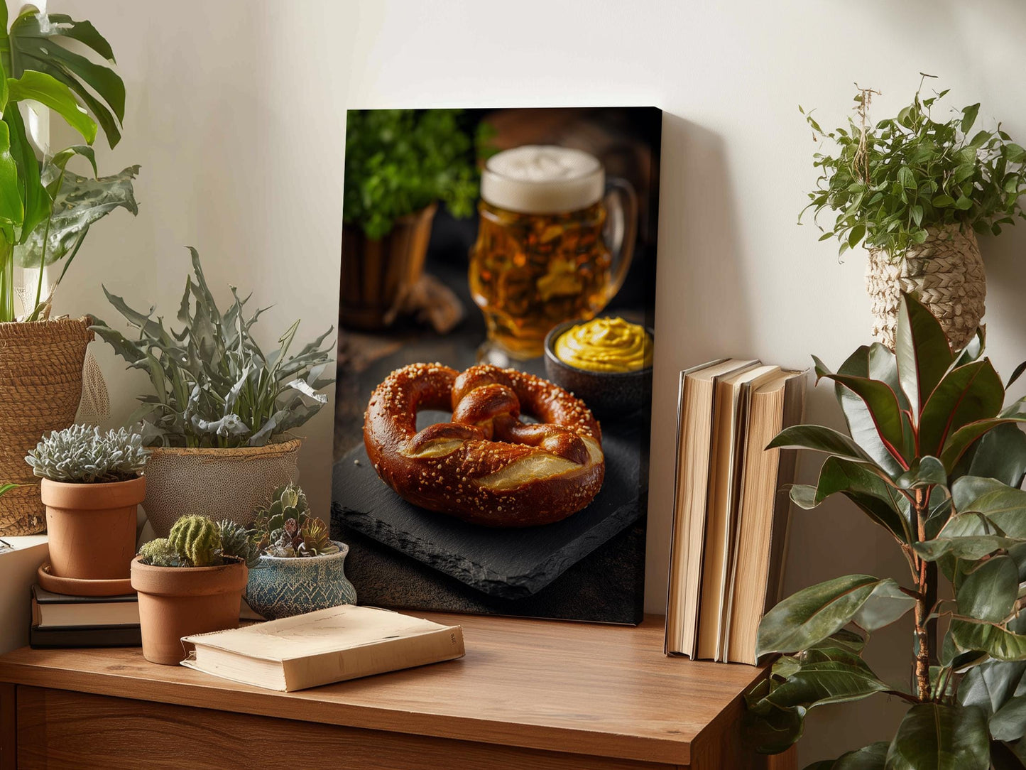 a wooden desk with a framed photograph of a pretzel, a mug of beer, and a bowl of mustard, surrounded by potted plants and books.