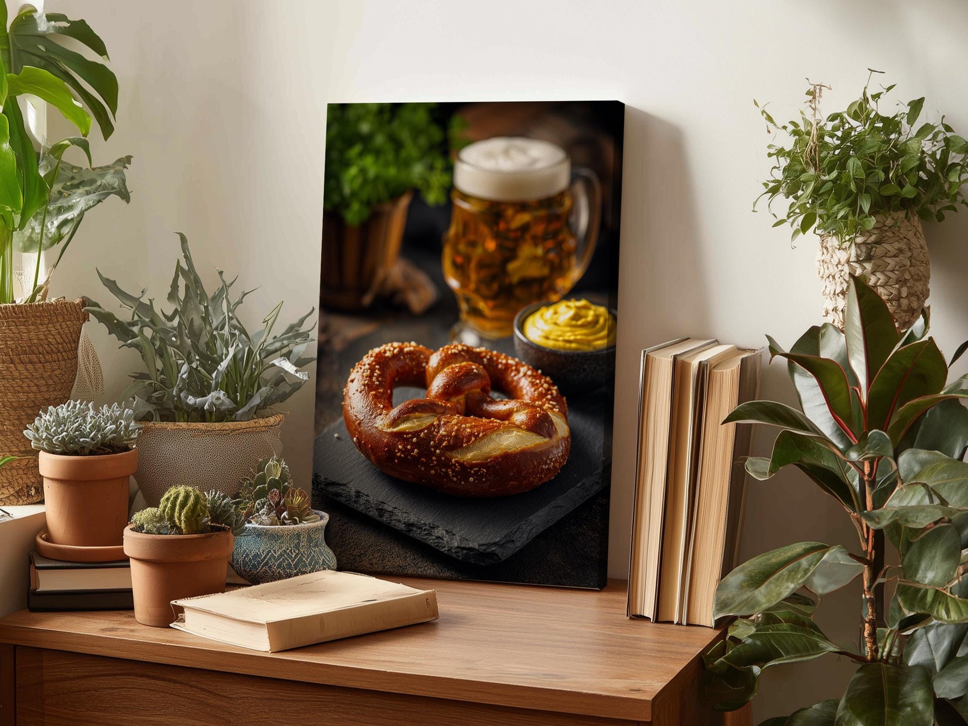 a wooden desk with a framed photograph of a pretzel, a mug of beer, and a bowl of mustard, surrounded by potted plants and books.