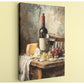 The image is a painting depicting a table with a bottle of wine, a glass, cheese, and grapes.