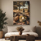 a cozy living room with a large painting of a picnic scene hanging on the wall. The painting features a table set with food and wine, including a bottle of wine, a loaf of bread, and a basket of grapes. The room is decorated with potted plants, a vase, and a wooden coffee table.