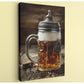 A close-up photograph of a glass mug filled with beer, placed on a wooden surface.