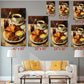The image is a living room with a white couch and a coffee table. Above the couch, there are six framed paintings of croissants and coffee cups, each with a different size and resolution. The paintings are arranged in a grid-like pattern on the wall, creating a visually appealing display.