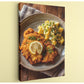 A plate of food, including a piece of fried meat and a side of potato salad, is presented on a wooden surface.